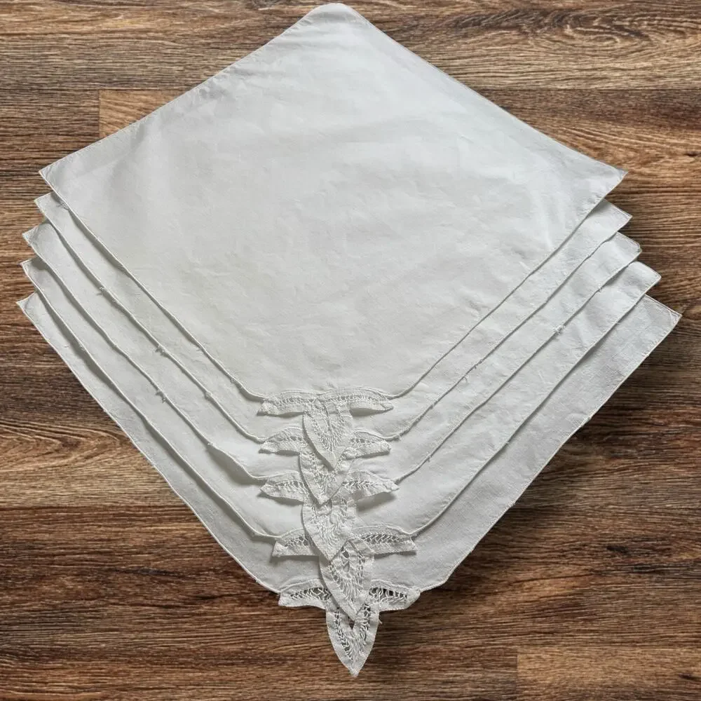 White Cotton Napkins Set 5 Cutwork Embroidered Lace 16